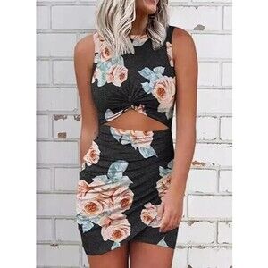 Sleeveless Tank Dress Size Large Cut Out Twist Bodycon Wrap Mini Floral Dress D2